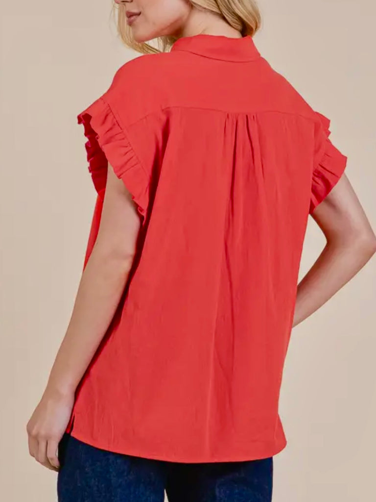 Anna Ruffle Accent Button-Up-Tomato