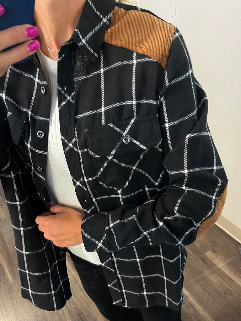 Aria Suede Accent Plaid Shirt - Black/Brown