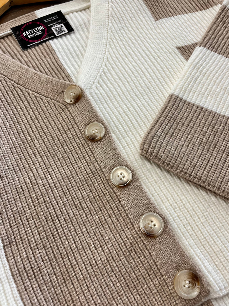 Rhonda Color-Block Cardigan - Taupe/Cream