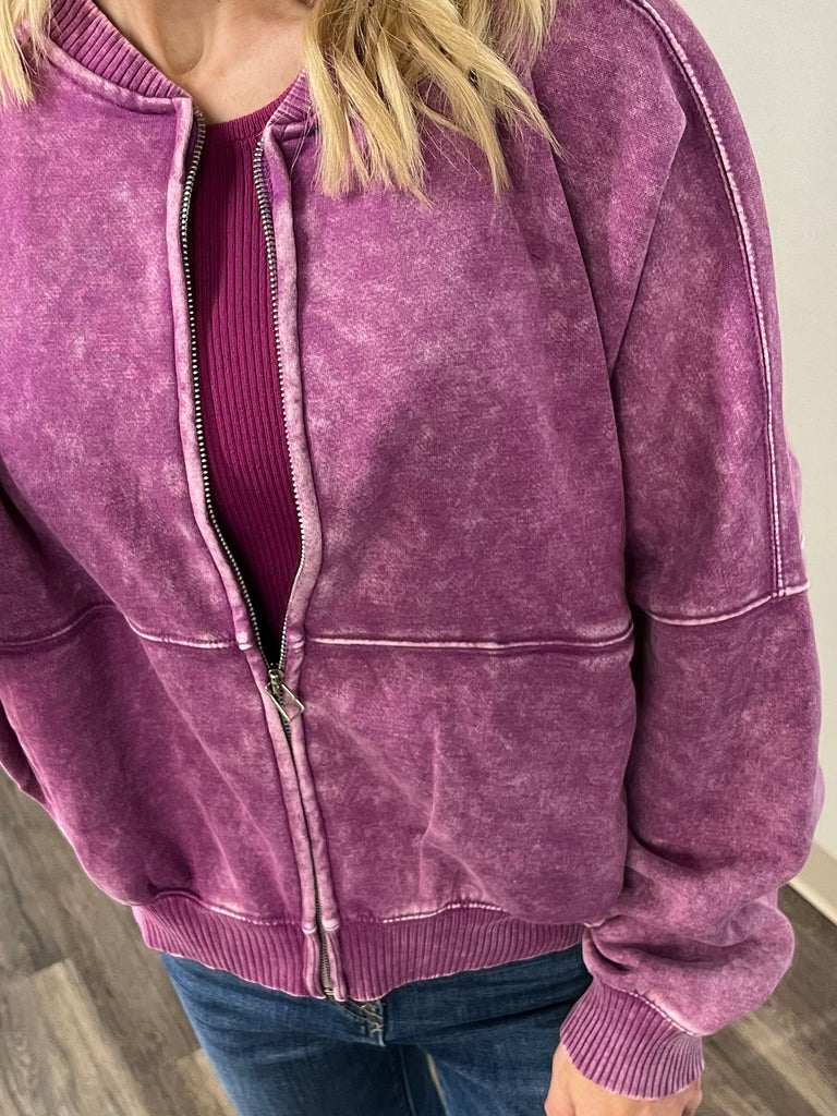 Jane Mineral Washed Bomber - Berry