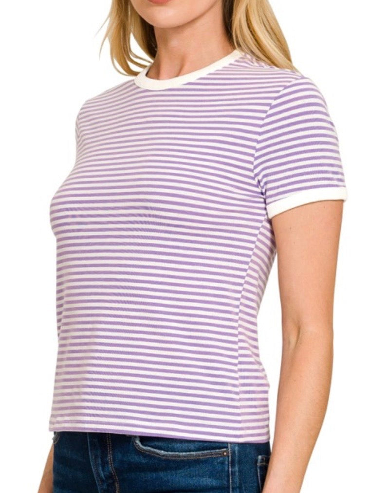 Cora Contrast Striped Tee - Lavender