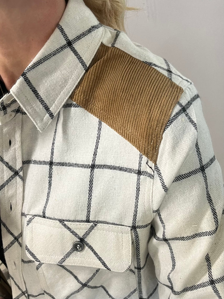 Aria Suede Accent Plaid Shirt - White/Brown