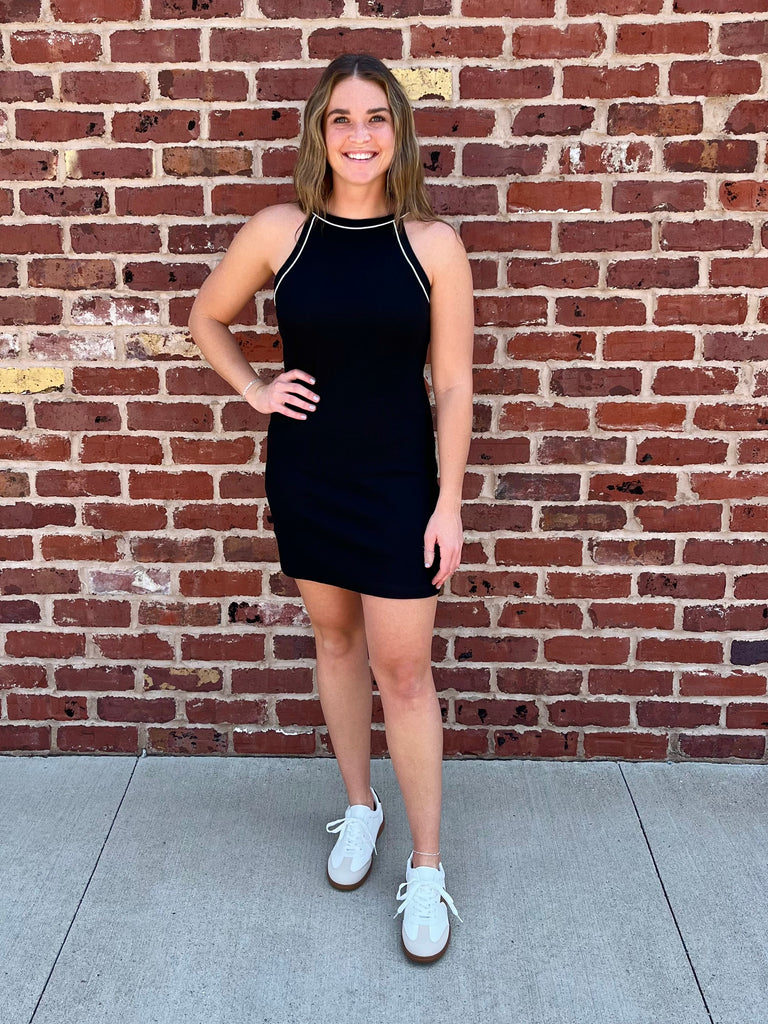 Everlee Halter Dress Black with White Piping