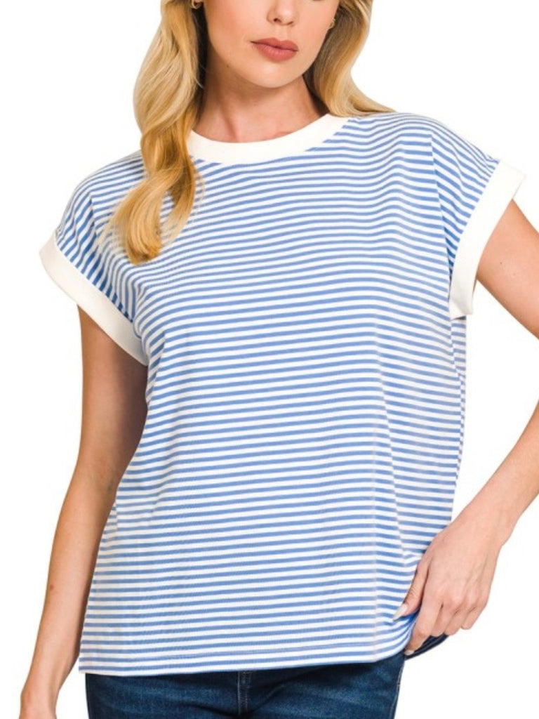 Penny Contrast Striped Loose Tee - Cornflower Blue