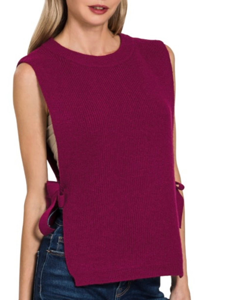 Lauren Side-Tied Sweater Vest - Burgundy