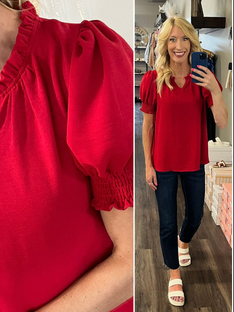 Lexi Smocked Sleeve Blouse - Red
