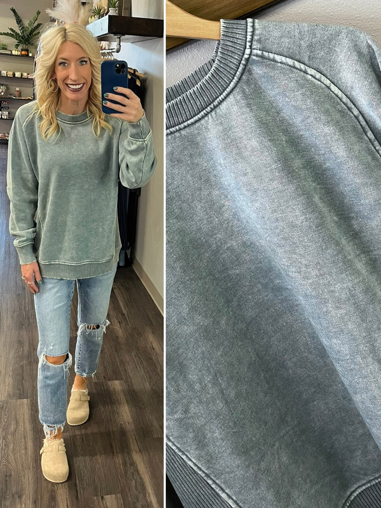 Riley Ribbed Accent Pullover - Mineral Washed Jade