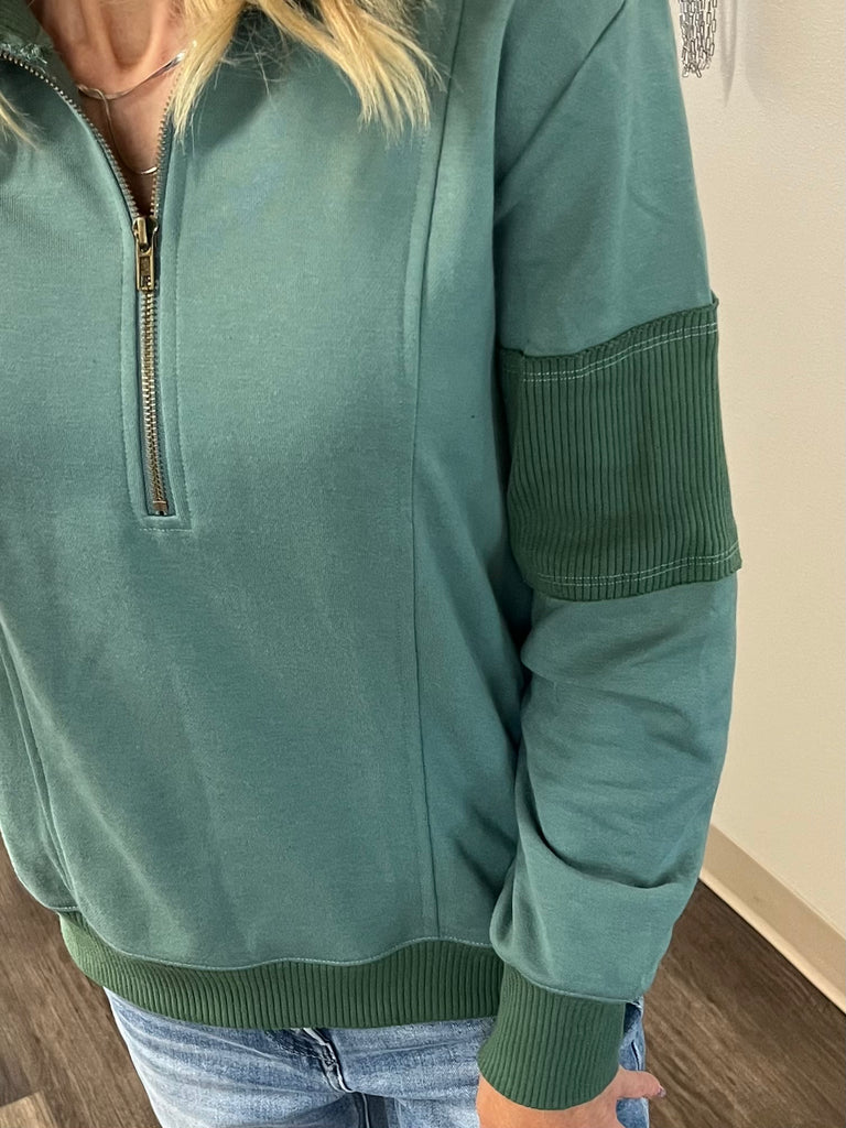 Lindsey Ribbed Accent 1/4 Zip - Sage