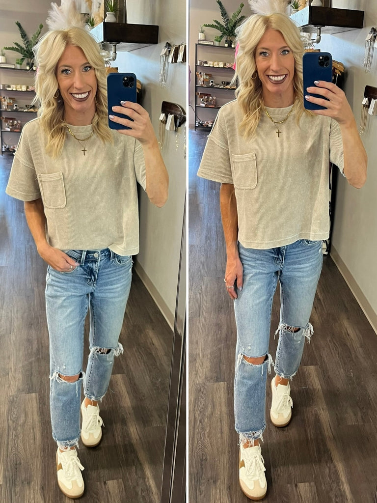 Mia Cropped Pocket Tee - Taupe