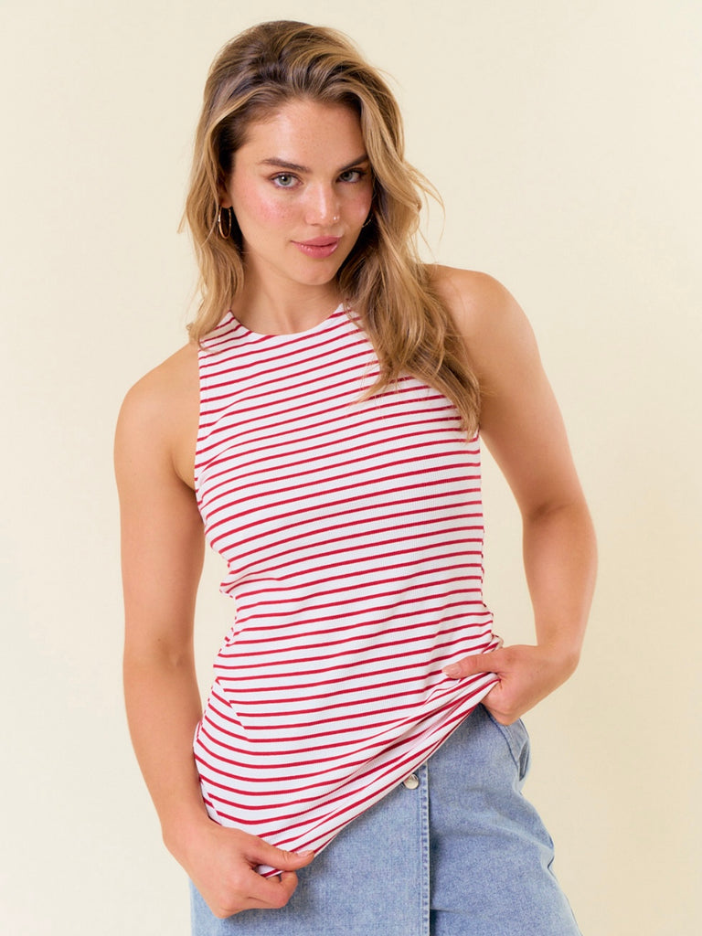 Angie Back-Cut Striped Tank - Red