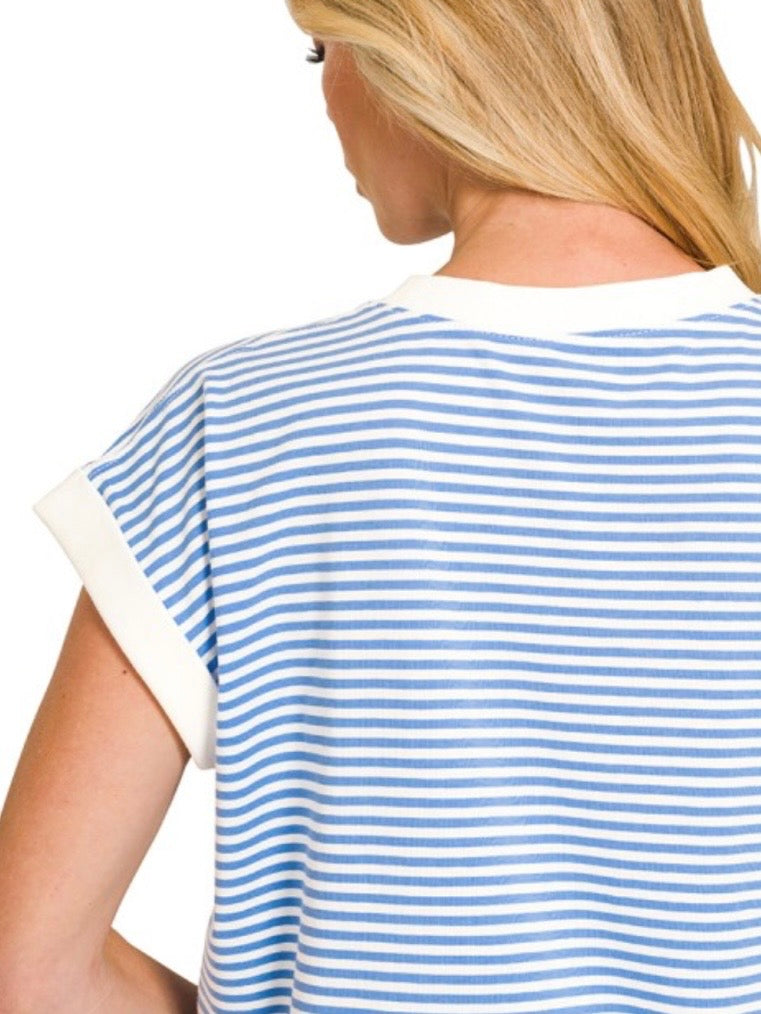Penny Contrast Striped Loose Tee - Cornflower Blue