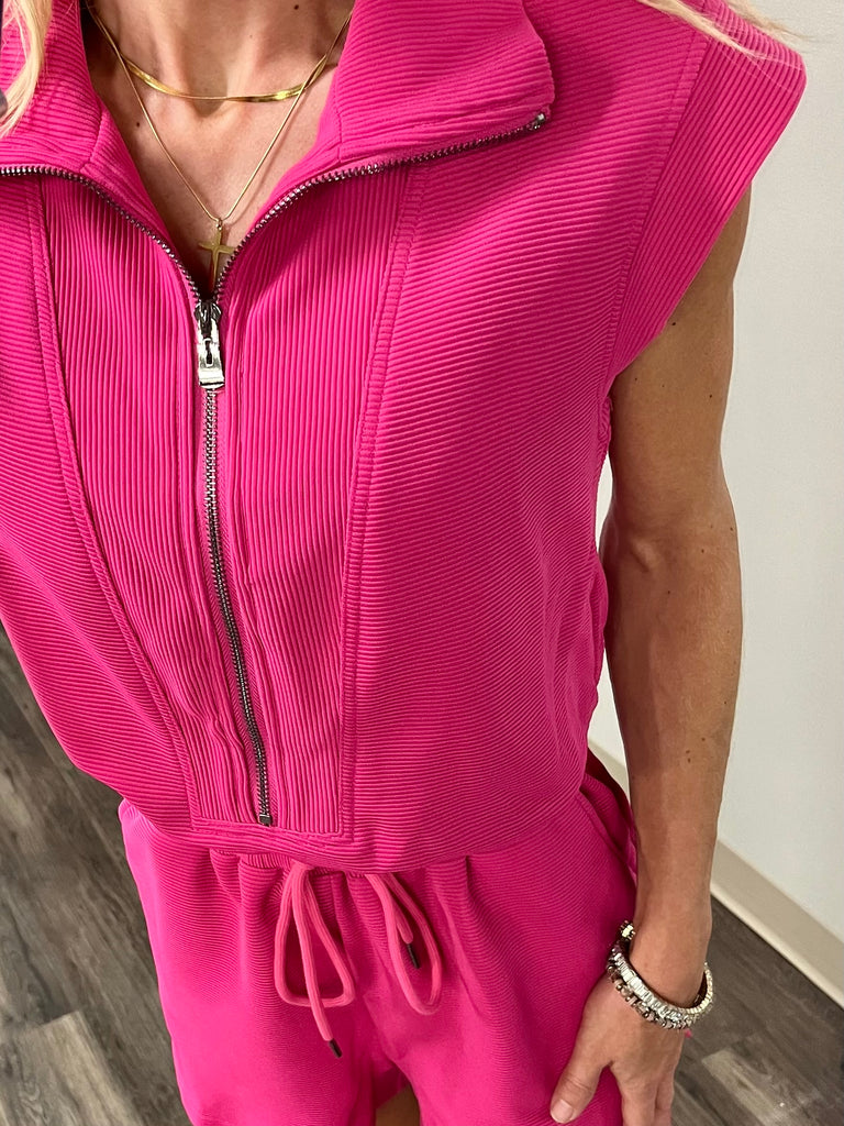 Mackenzie 1/4 Zip Ribbed Romper - Fuchsia