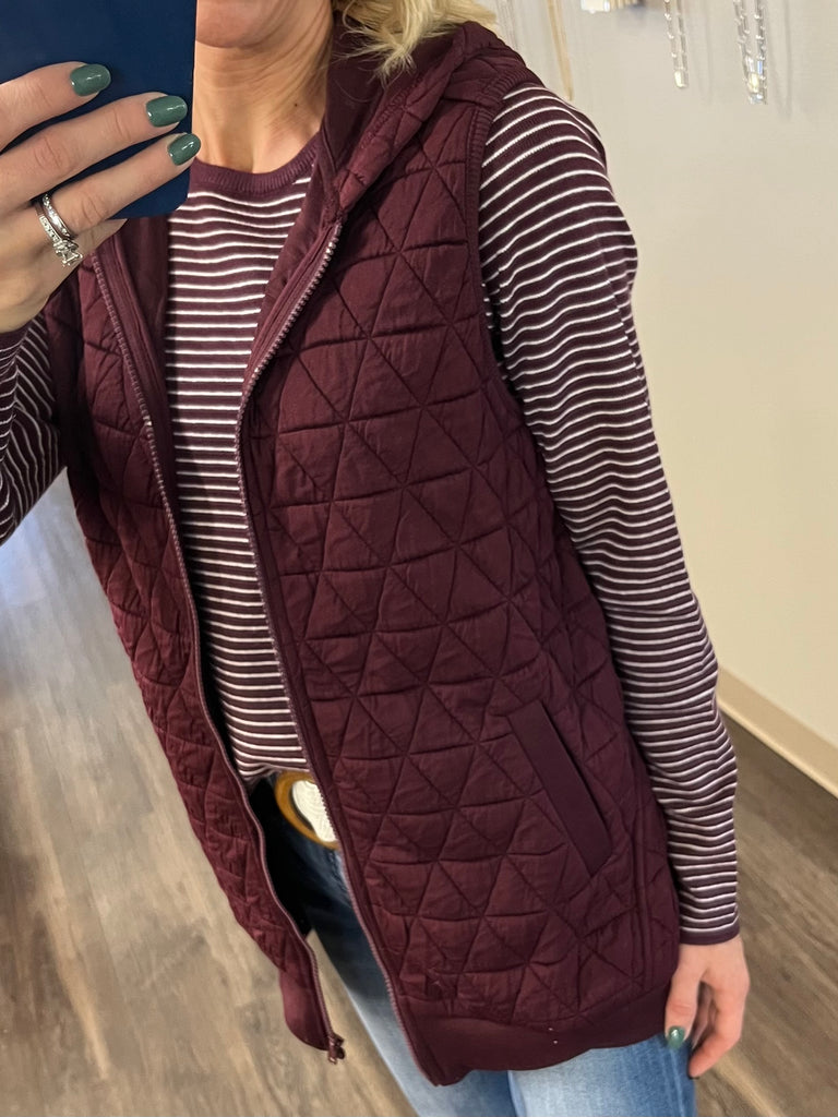 Rachel Long Quilted Vest - Maroon