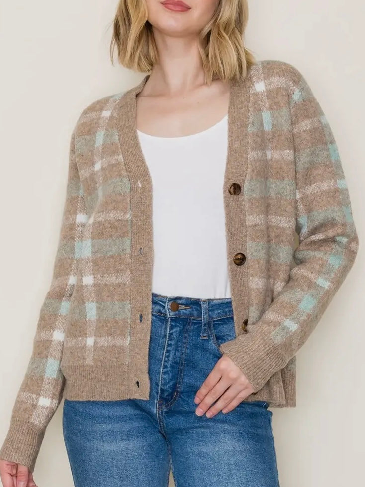 Carmen Plaid Sweater - Mocha/Teal