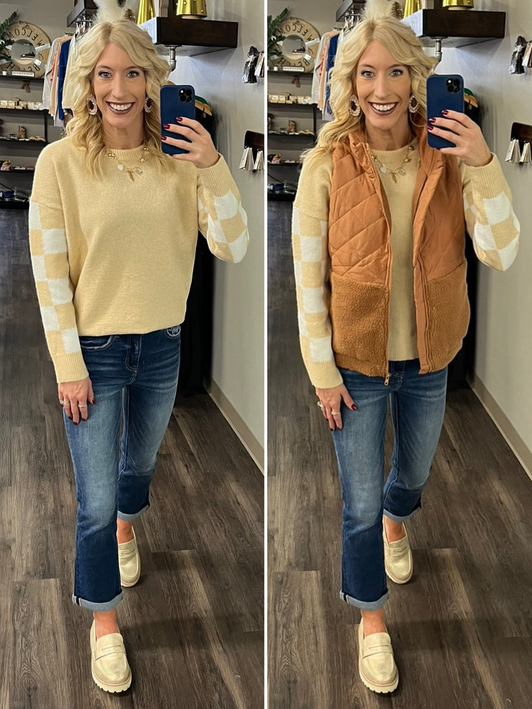 Tracy Check-Sleeve Sweater - Light Mustard