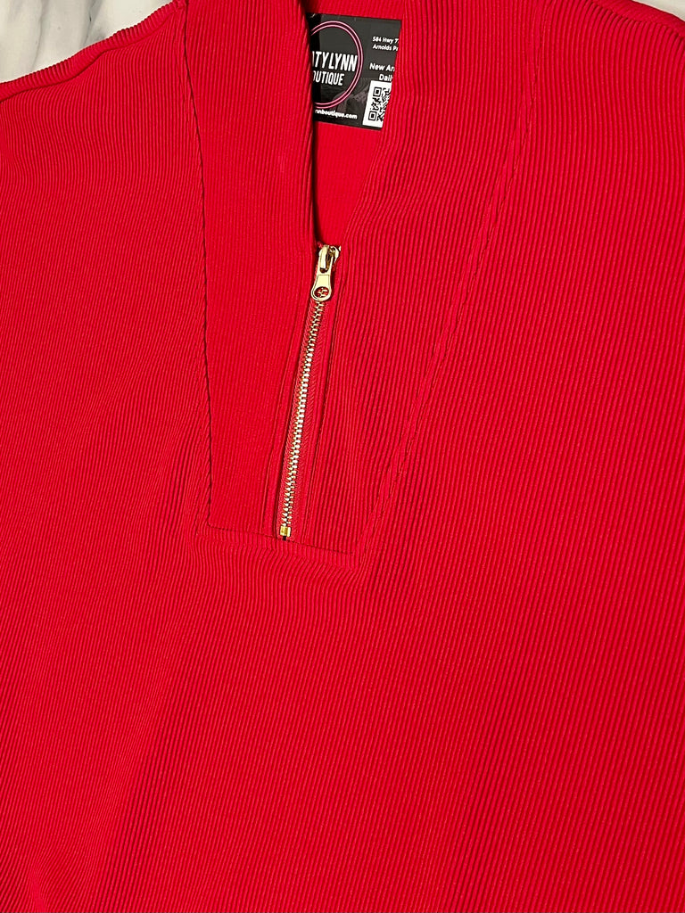Kristina Ribbed 1/4 Zip Top - Red