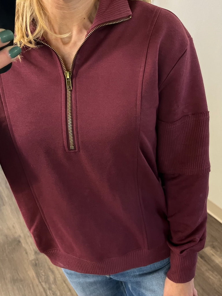 Lindsey Ribbed Accent 1/4 Zip - Maroon