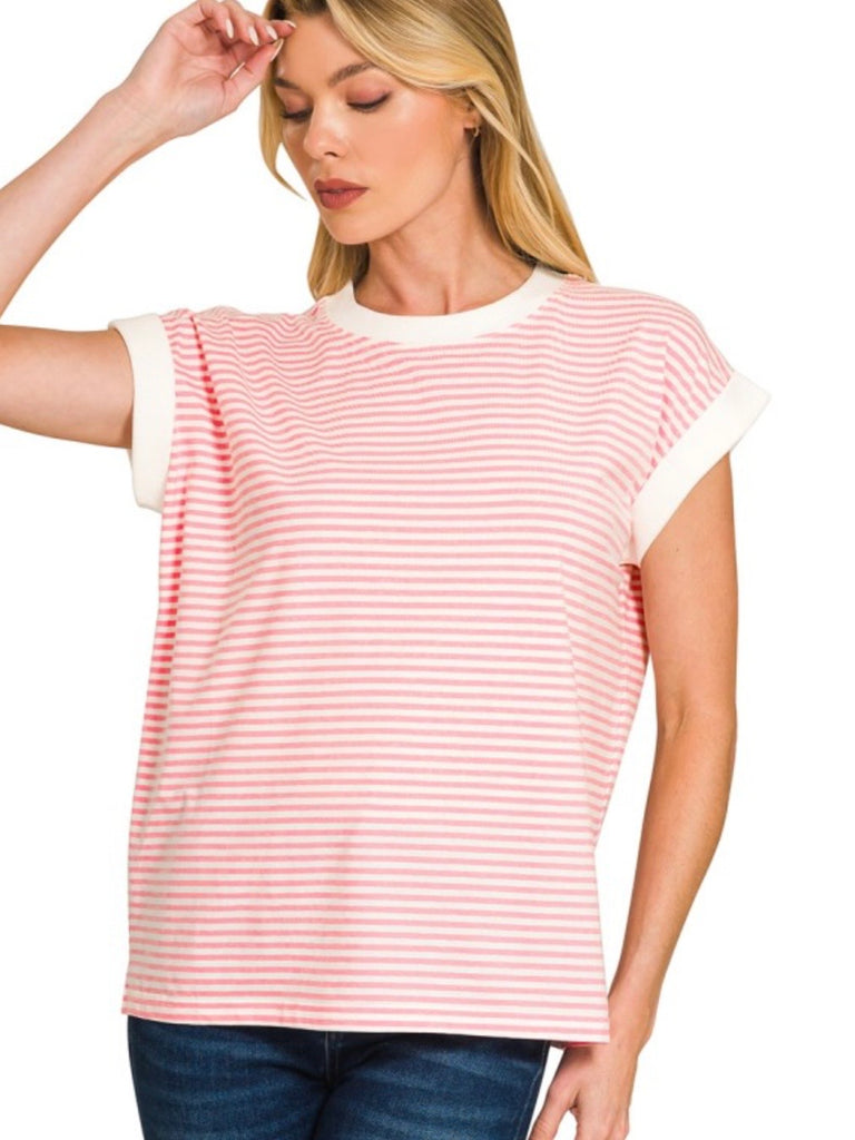 Penny Contrast Striped Loose Tee - Blush Pink