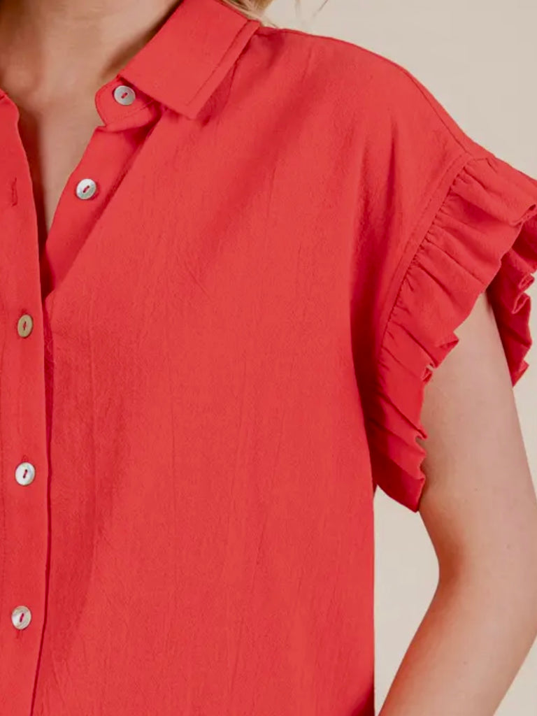Anna Ruffle Accent Button-Up-Tomato