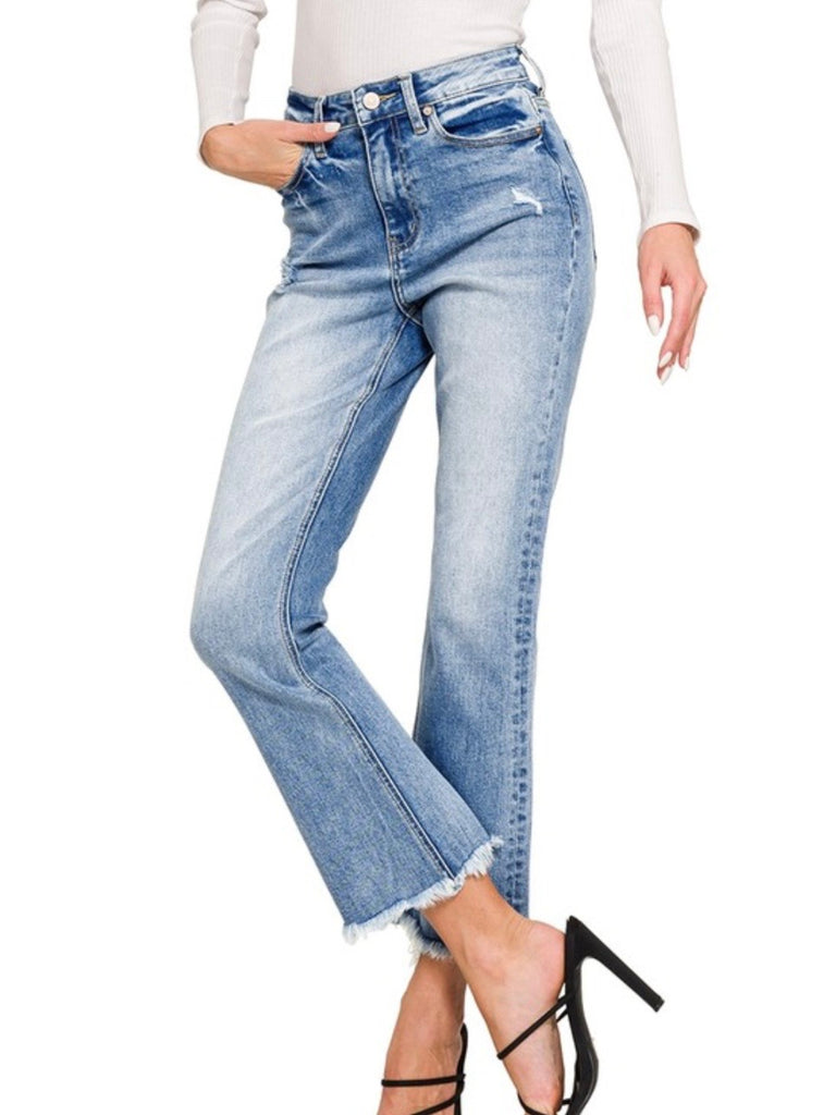 Tara High Rise Straight Raw Hem Crop Jeans
