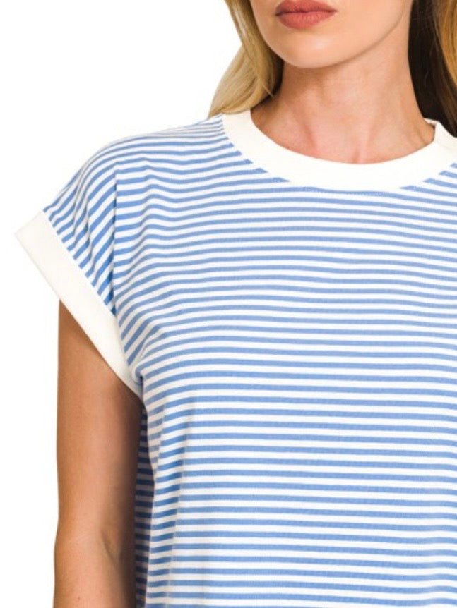 Penny Contrast Striped Loose Tee - Cornflower Blue