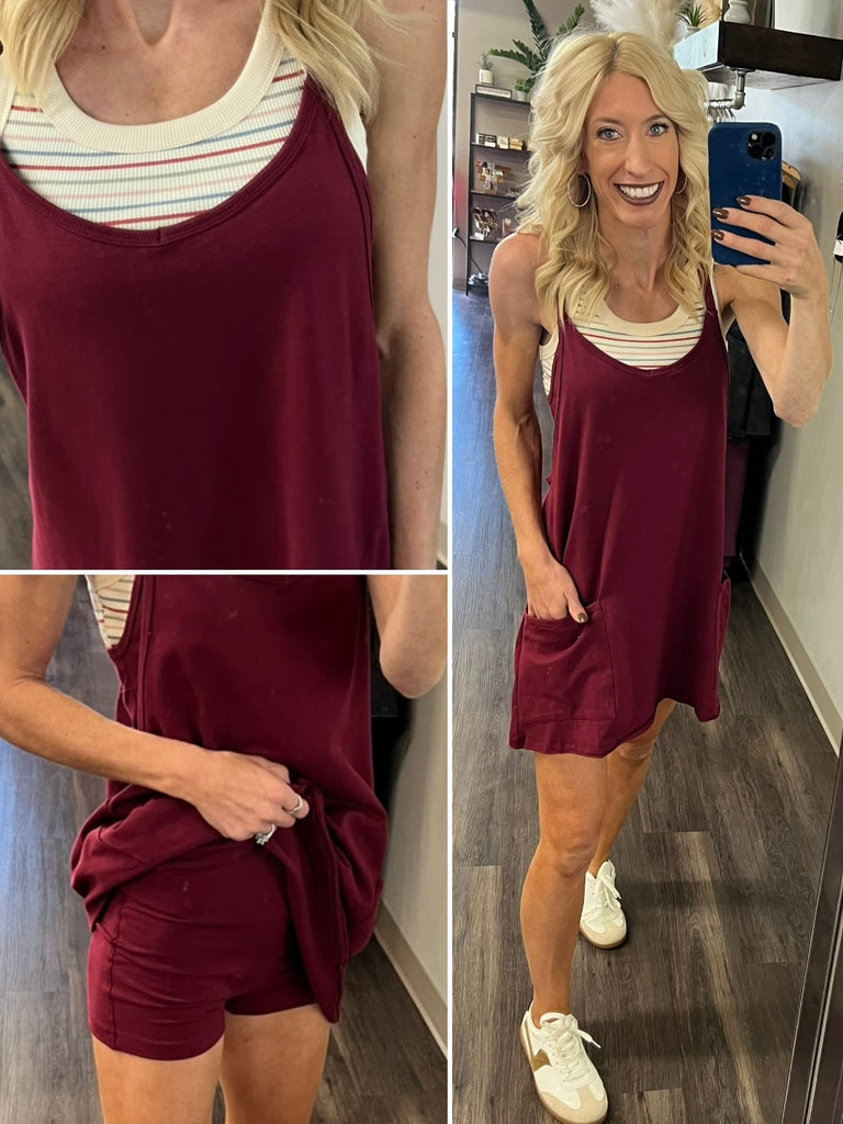Overall Dress with Romper Lining - Wine