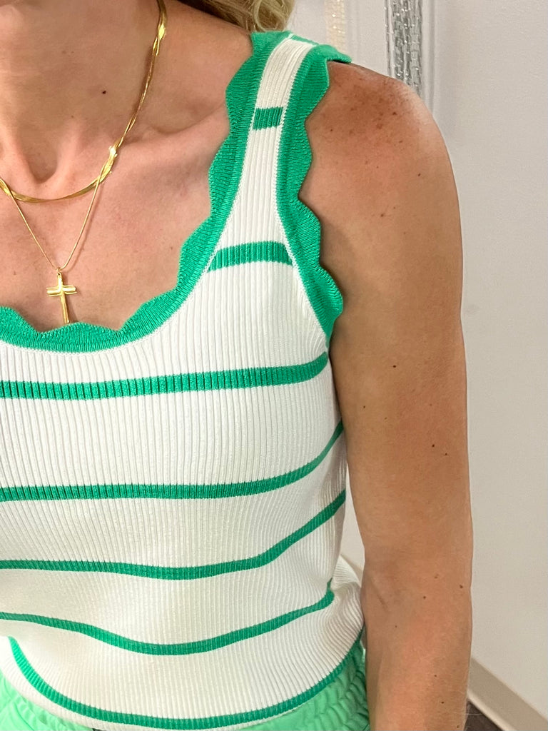 Ayla Scalloped Striped Tank - Green/White