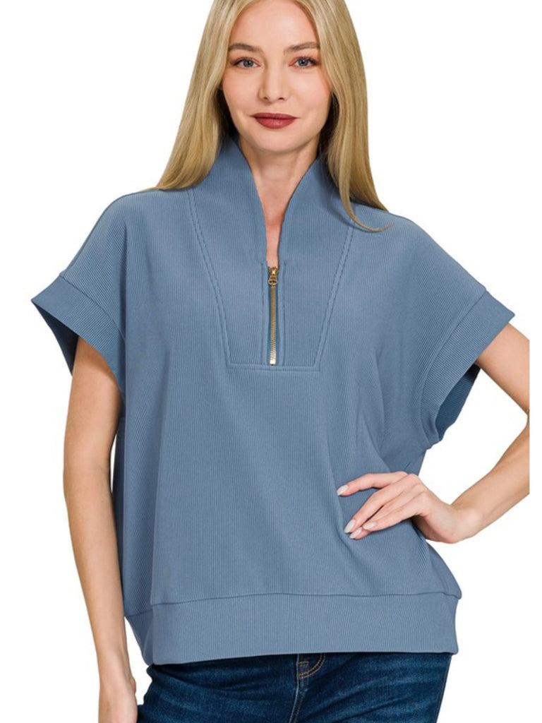 Kristina Ribbed 1/4 Zip Top - Cornflower Blue