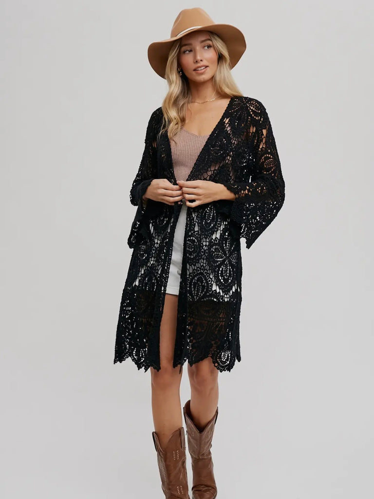 Kallie Crochet Bell Sleeve Cardi - Black