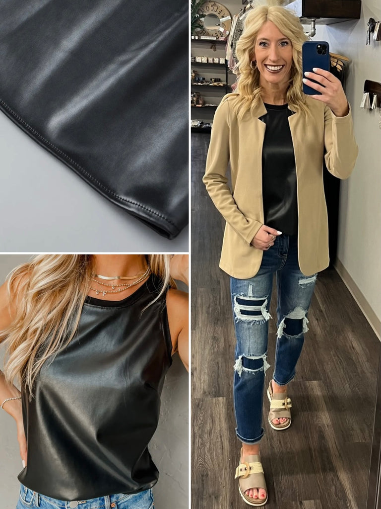 Tabbie Faux Leather Tank - Black
