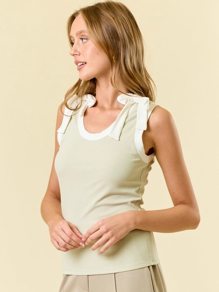 Lexi Contrast Tied Bow Tank - Pistachio