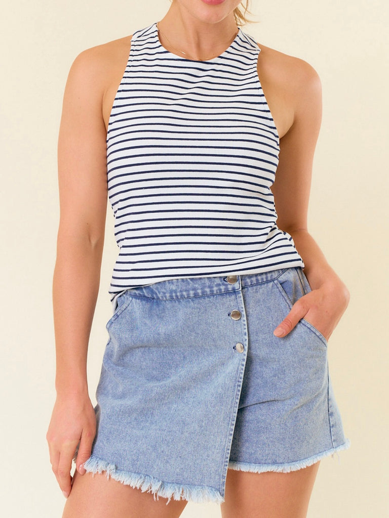 Angie Back-Cut Striped Tank - Navy