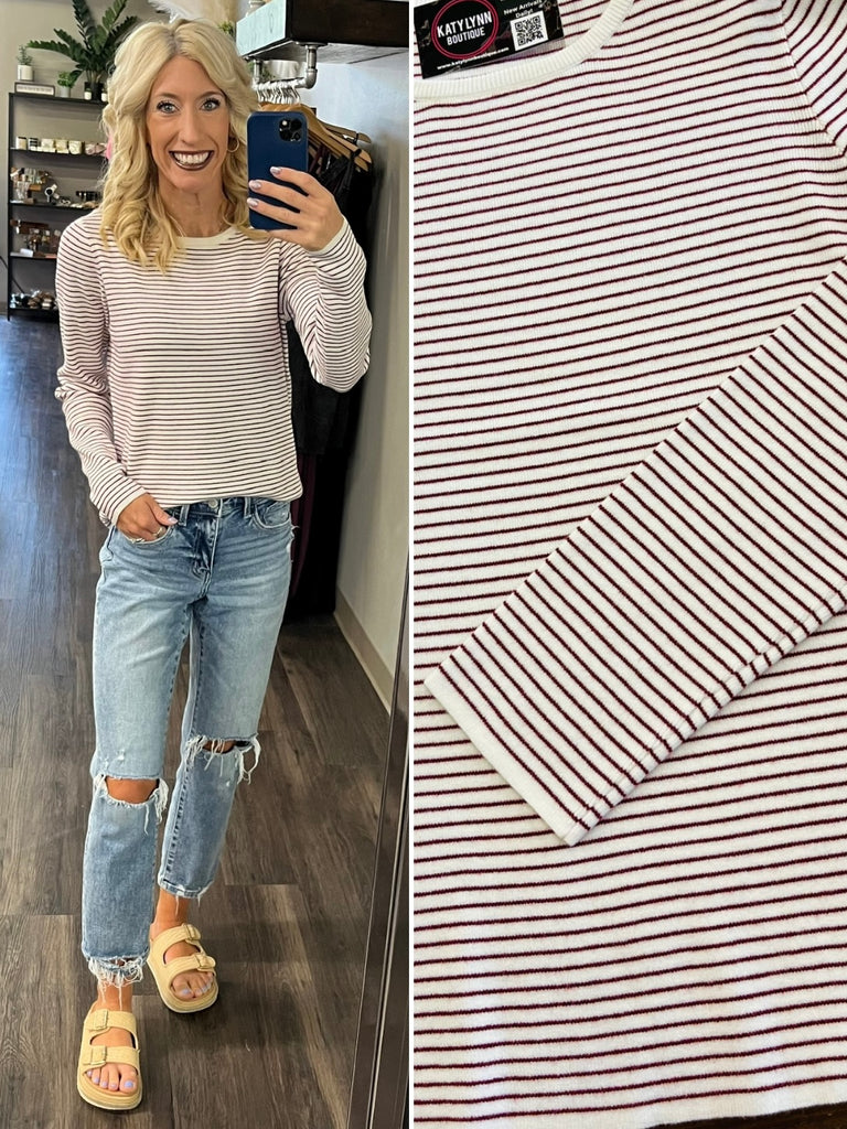 Bexley Pinstripe Lightweight Sweater - Ivory/Wine