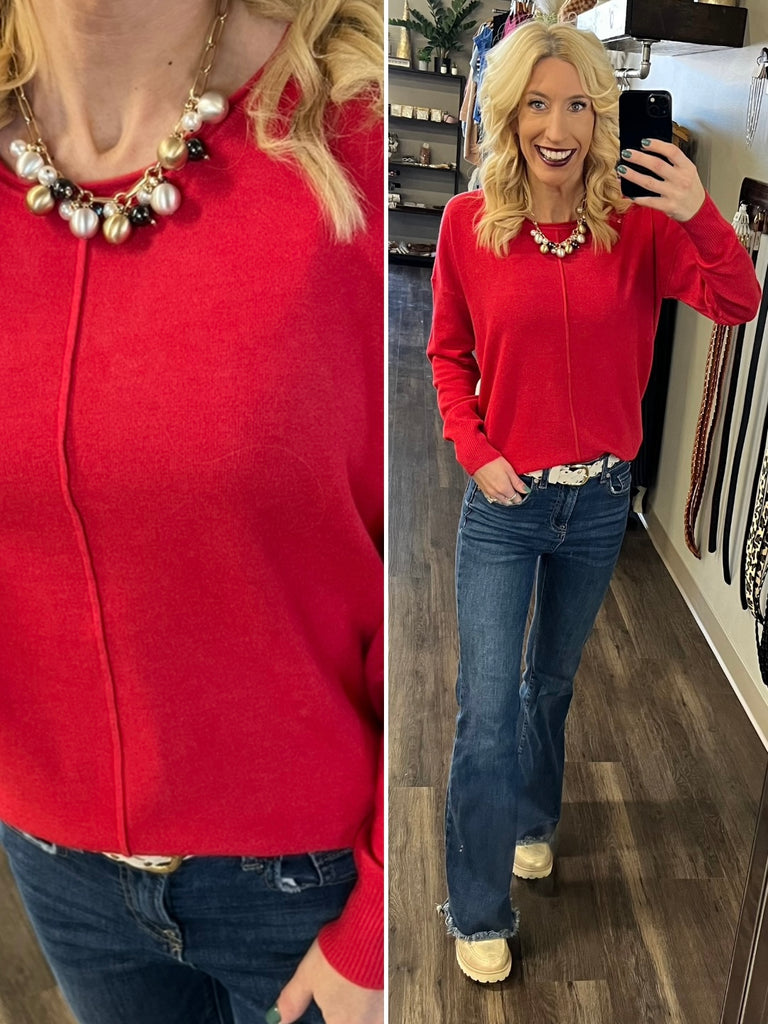 Georgine Center-Seam Sweater - Red