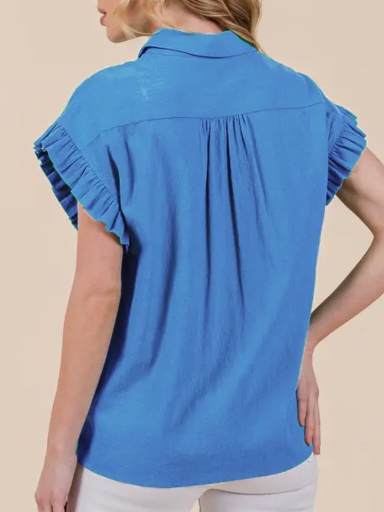 Anna Ruffle Accent Button-Up-Blue
