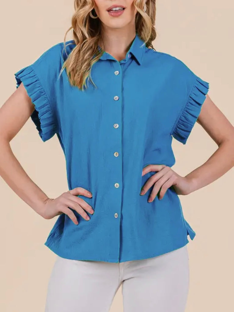 Anna Ruffle Accent Button-Up-Blue
