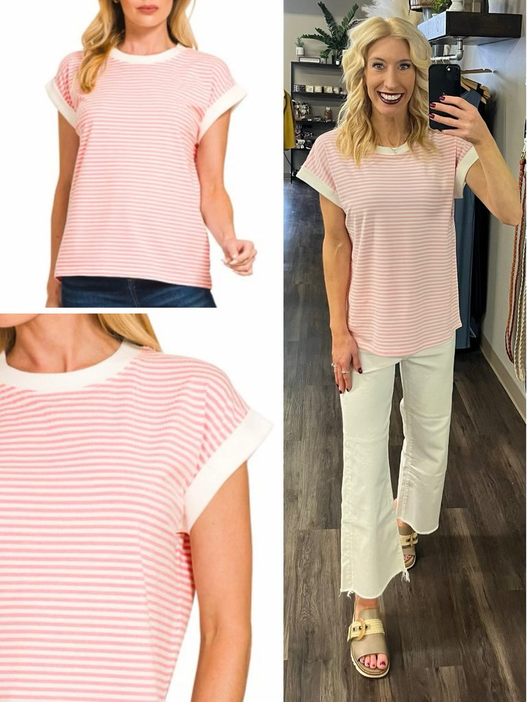 Penny Contrast Striped Loose Tee - Blush Pink