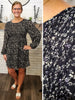 Tasha Floral Dress with Puffed Sleeve - Black