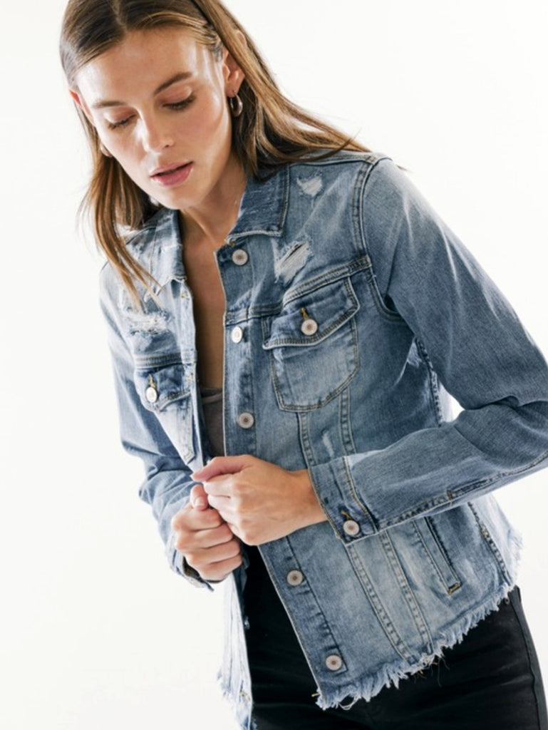 Zayla Frayed Hem Denim Jacket - Dark Wash